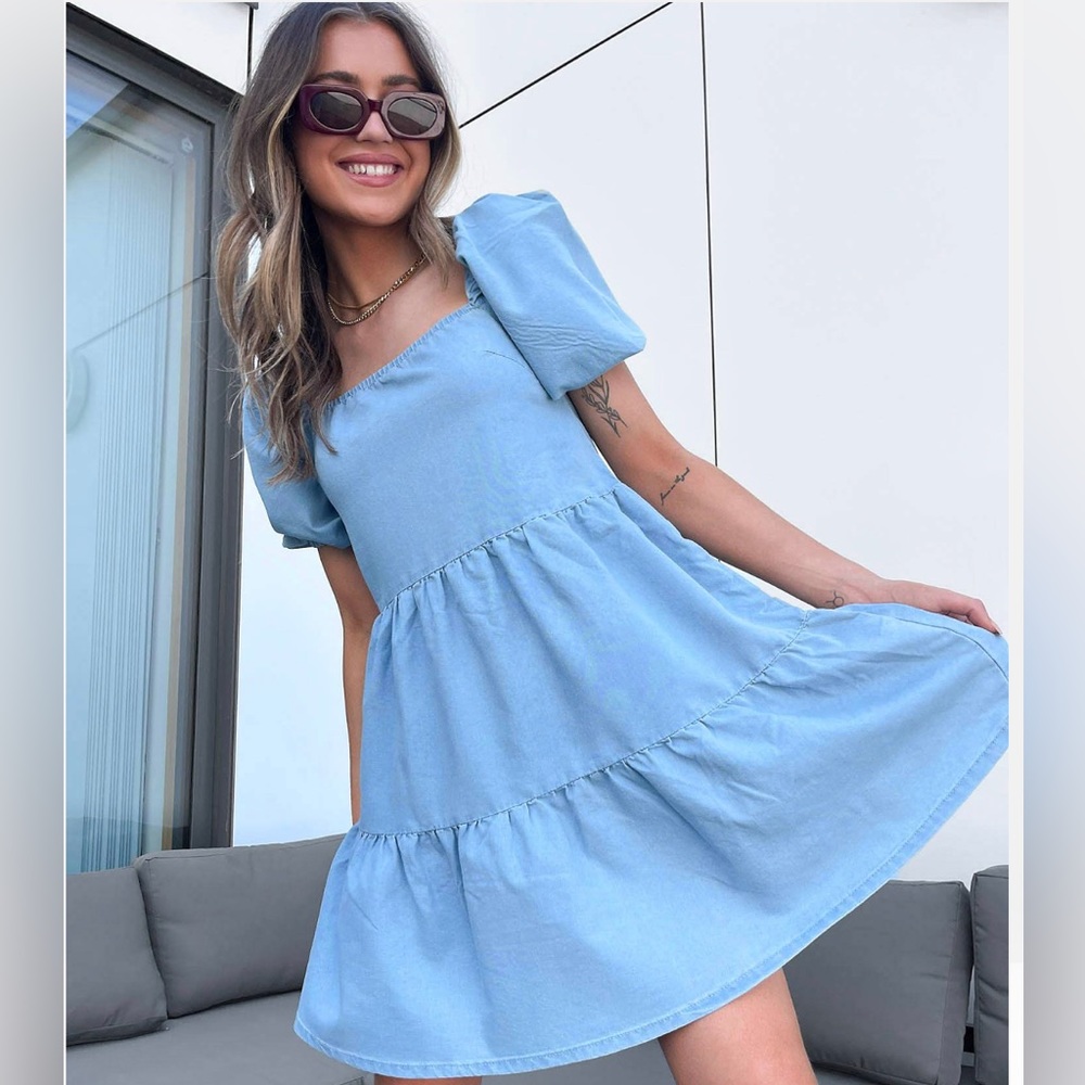 In the Style x Jac Jossa puff sleeve tiered dress in denim chambray
